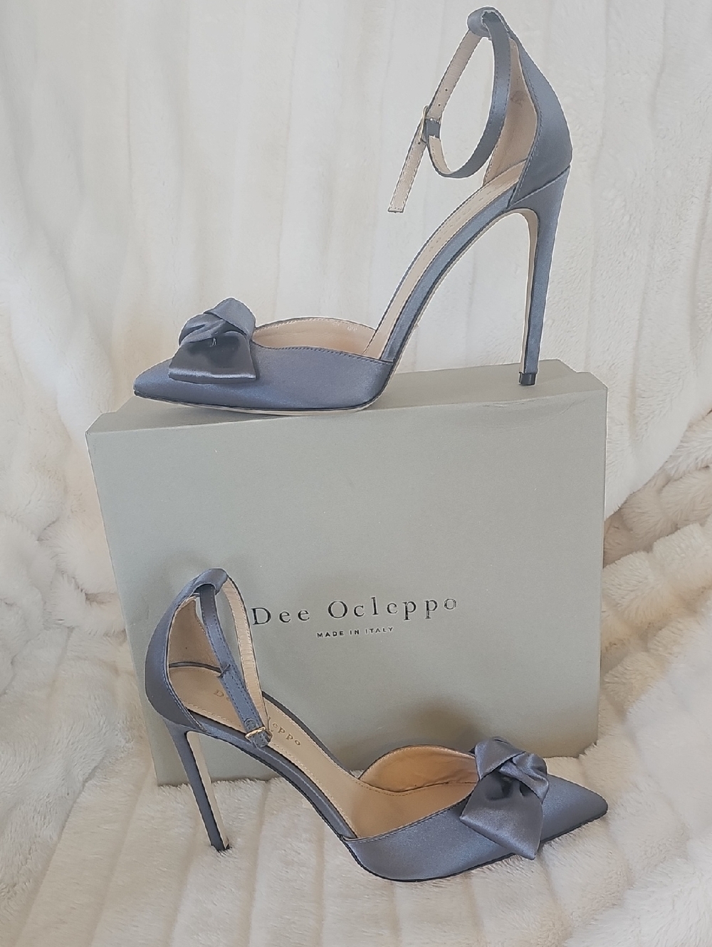 Dee Ocleppo Dark Gray Satin Pointed-Toe Ankle-Strap Heels